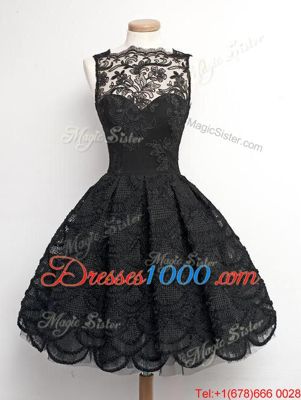 Black A-line Bateau Sleeveless Lace Knee Length Zipper Appliques Prom Evening Gown