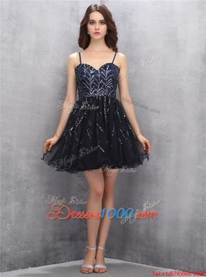 Traditional Black Tulle Lace Up Spaghetti Straps Sleeveless Mini Length Evening Gowns Sequins