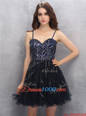 Traditional Black Tulle Lace Up Spaghetti Straps Sleeveless Mini Length Evening Gowns Sequins