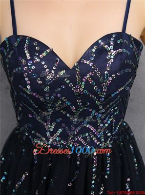 Traditional Black Tulle Lace Up Spaghetti Straps Sleeveless Mini Length Evening Gowns Sequins