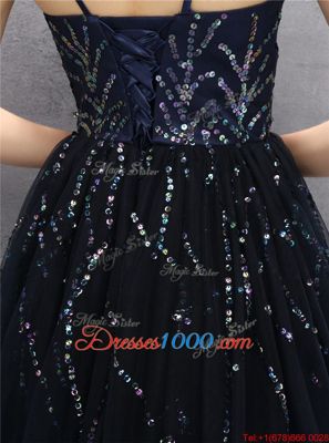 Traditional Black Tulle Lace Up Spaghetti Straps Sleeveless Mini Length Evening Gowns Sequins