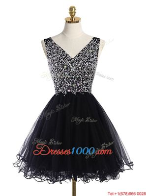 Sweet Black Zipper Dress for Prom Beading Sleeveless Mini Length