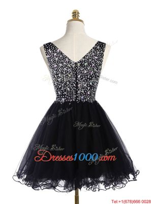 Sweet Black Zipper Dress for Prom Beading Sleeveless Mini Length