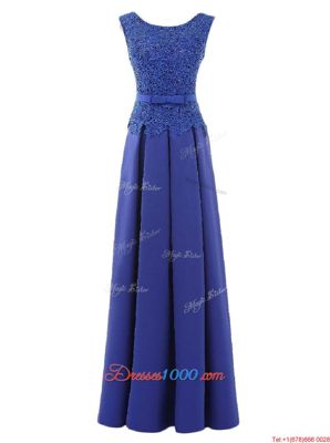 Scoop Blue Satin Zipper Prom Homecoming Dress Sleeveless Floor Length Lace and Belt