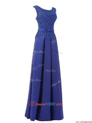 Scoop Blue Satin Zipper Prom Homecoming Dress Sleeveless Floor Length Lace and Belt