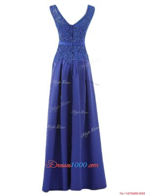 Scoop Blue Satin Zipper Prom Homecoming Dress Sleeveless Floor Length Lace and Belt