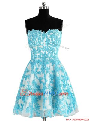 Pretty Blue A-line Organza Sweetheart Sleeveless Appliques Knee Length Zipper Prom Evening Gown