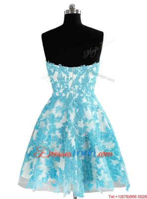 Pretty Blue A-line Organza Sweetheart Sleeveless Appliques Knee Length Zipper Prom Evening Gown