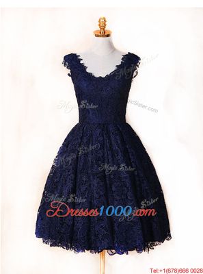 Lace V-neck Sleeveless Zipper Lace Prom Party Dress in Blue and Navy Blue