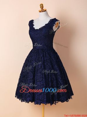 Lace V-neck Sleeveless Zipper Lace Prom Party Dress in Blue and Navy Blue