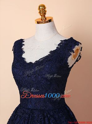 Lace V-neck Sleeveless Zipper Lace Prom Party Dress in Blue and Navy Blue