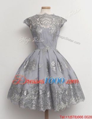 Scoop Cap Sleeves Lace Prom Gown Appliques Zipper