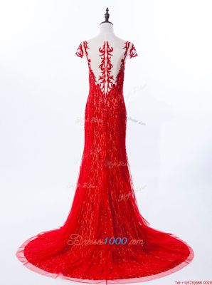 Admirable Mermaid Lace Red Scoop Zipper Beading and Appliques Brush Train Cap Sleeves