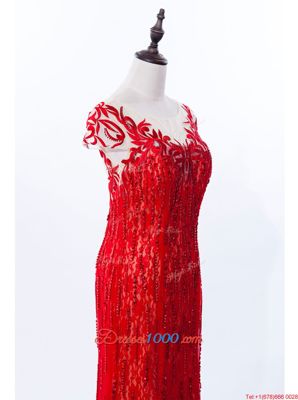 Admirable Mermaid Lace Red Scoop Zipper Beading and Appliques Brush Train Cap Sleeves