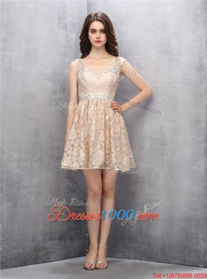 Traditional Straps Straps Lace Champagne Backless Prom Party Dress Beading Sleeveless Knee Length