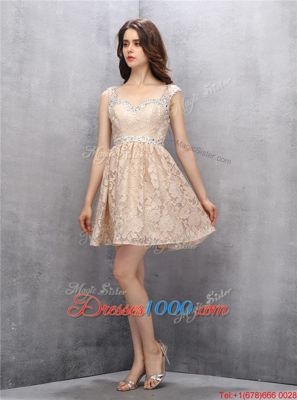 Traditional Straps Straps Lace Champagne Backless Prom Party Dress Beading Sleeveless Knee Length