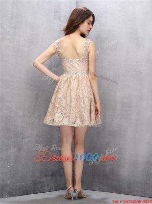 Traditional Straps Straps Lace Champagne Backless Prom Party Dress Beading Sleeveless Knee Length