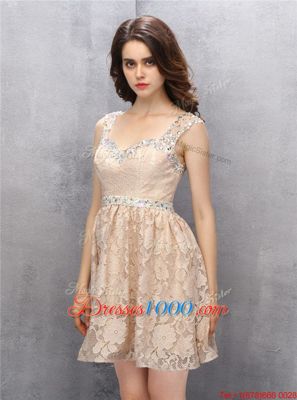 Traditional Straps Straps Lace Champagne Backless Prom Party Dress Beading Sleeveless Knee Length