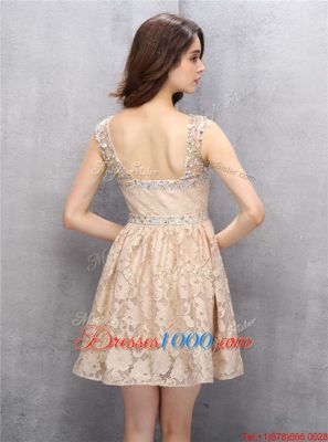 Traditional Straps Straps Lace Champagne Backless Prom Party Dress Beading Sleeveless Knee Length