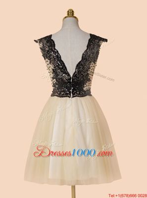 Unique Appliques and Sequins Evening Dress Champagne Zipper Cap Sleeves Knee Length
