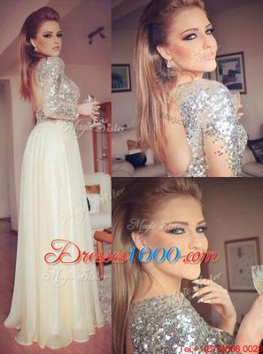 Champagne Chiffon Backless Sweetheart Long Sleeves Floor Length Evening Dress Sequins