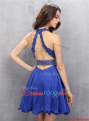 Backless V-neck Sleeveless Evening Dress Mini Length Beading and Belt Royal Blue Chiffon