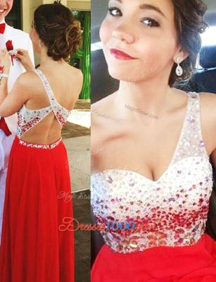 One Shoulder Beading Prom Party Dress Red Backless Sleeveless Floor Length