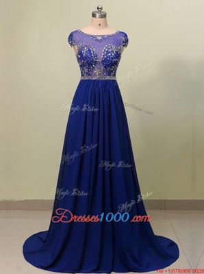 Great Royal Blue A-line Scoop Cap Sleeves Chiffon With Brush Train Zipper Beading Evening Dress
