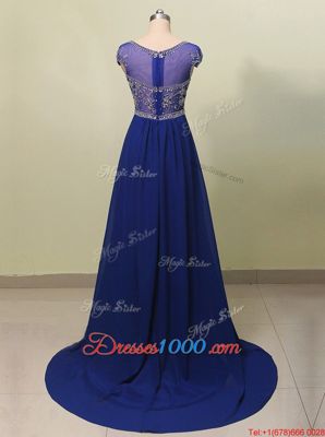 Great Royal Blue A-line Scoop Cap Sleeves Chiffon With Brush Train Zipper Beading Evening Dress