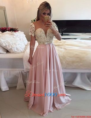 Scoop Short Sleeves Chiffon Homecoming Dress Beading and Lace Zipper