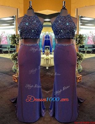 Purple Sleeveless Floor Length Beading Criss Cross Hoco Dress