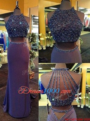 Purple Sleeveless Floor Length Beading Criss Cross Hoco Dress