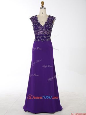 Mermaid Purple Chiffon Zipper Dress for Prom Sleeveless With Brush Train Beading