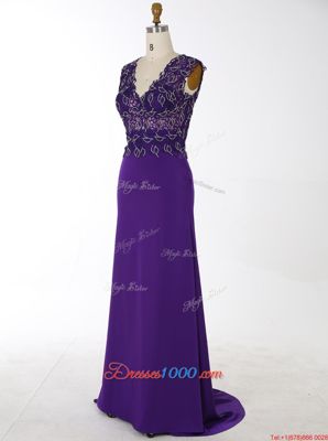 Mermaid Purple Chiffon Zipper Dress for Prom Sleeveless With Brush Train Beading