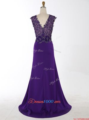 Mermaid Purple Chiffon Zipper Dress for Prom Sleeveless With Brush Train Beading