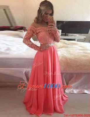 Scoop Long Sleeves Chiffon Floor Length Zipper Going Out Dresses in Watermelon Red for with Beading and Appliques