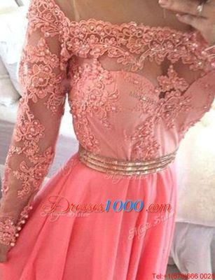 Scoop Long Sleeves Chiffon Floor Length Zipper Going Out Dresses in Watermelon Red for with Beading and Appliques