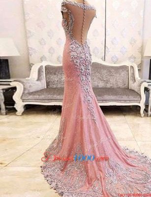 Inexpensive Rose Pink Mermaid Sweetheart Cap Sleeves Satin With Train Watteau Train Clasp Handle Beading and Appliques Homecoming Dress