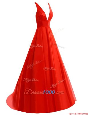 Coral Red Sleeveless Brush Train Pleated Evening Dress