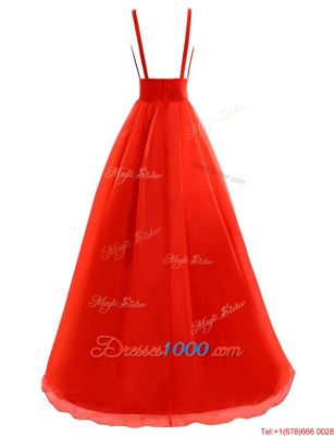 Coral Red Sleeveless Brush Train Pleated Evening Dress