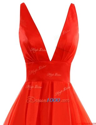 Coral Red Sleeveless Brush Train Pleated Evening Dress