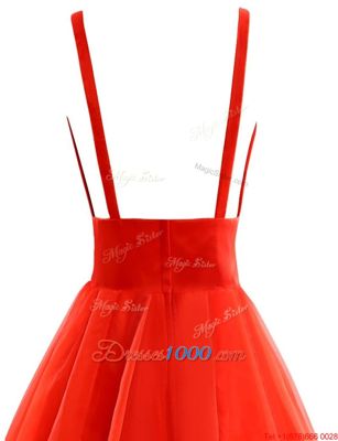 Coral Red Sleeveless Brush Train Pleated Evening Dress