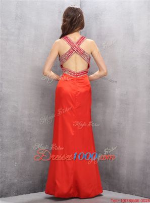 Edgy Criss Cross V-neck Sleeveless Homecoming Dress Online Floor Length Beading Coral Red Satin