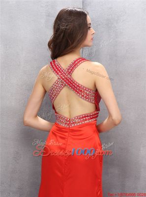 Edgy Criss Cross V-neck Sleeveless Homecoming Dress Online Floor Length Beading Coral Red Satin