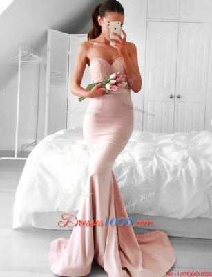 Mermaid Pink Elastic Woven Satin Zipper Homecoming Dress Sleeveless With Brush Train Lace and Sashes|ribbons