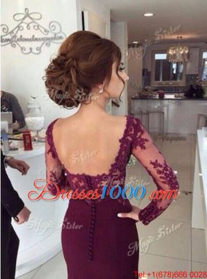 Scoop Burgundy Mermaid Appliques Prom Evening Gown Zipper Elastic Woven Satin Long Sleeves