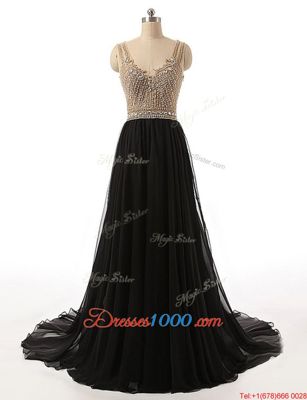 Hot Selling Beading Evening Dress Black Side Zipper Sleeveless With Brush Train