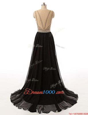 Hot Selling Beading Evening Dress Black Side Zipper Sleeveless With Brush Train