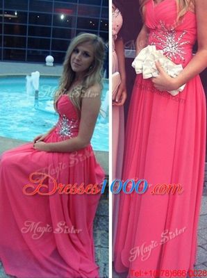 Great Hot Pink A-line Sweetheart Sleeveless Chiffon Floor Length Backless Beading Prom Party Dress