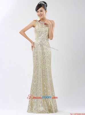 Gorgeous One Shoulder Champagne Sequined Zipper Evening Dress Sleeveless Floor Length Sequins